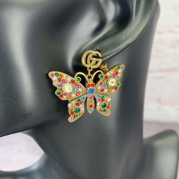 Gucci Multi Color Crystal Goldtone Butterfly Gg Earrings - Picture 2 of 7